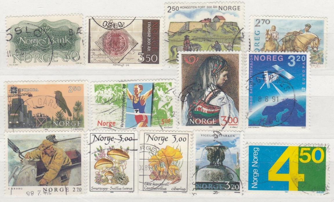 Norway, Colorful Lot of 13 Used Stamps, All Unchecked For Values, M4