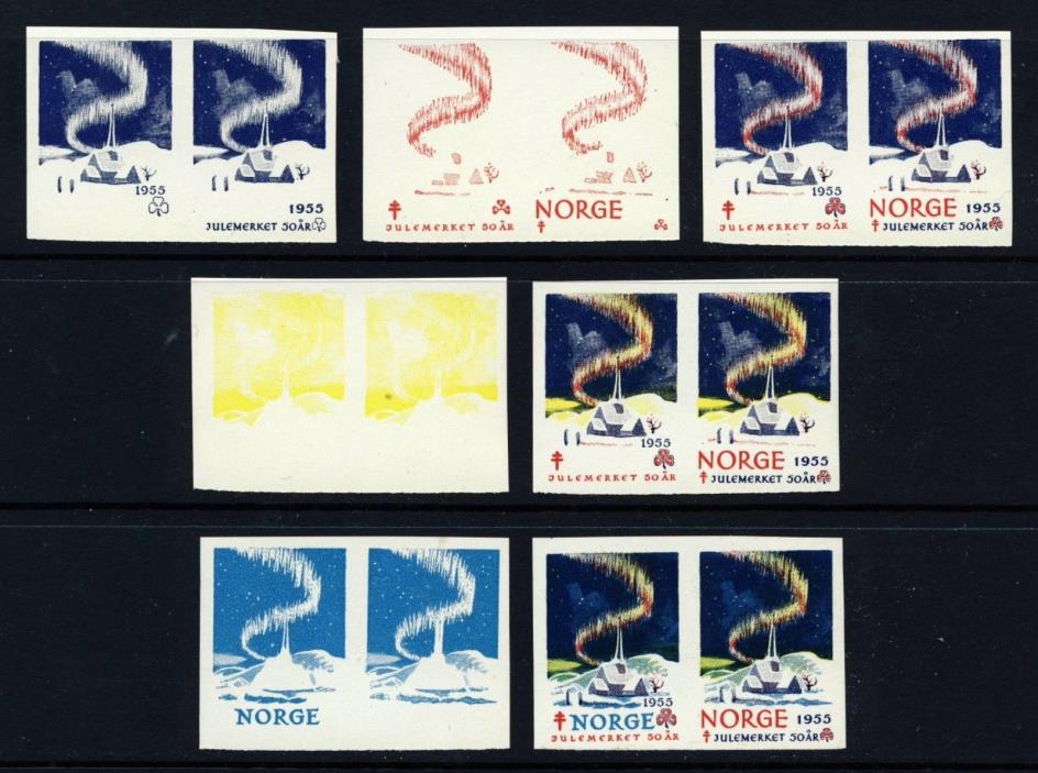 NORWAY 1955 Christmas Seal - 7 progressive proof pairs - Mint Never Hinged
