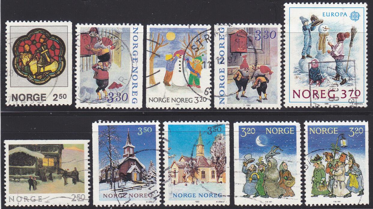 Norway, Lot of 10 Used Winter Christmas Scenic Stamps, Unchecked For Values, M1