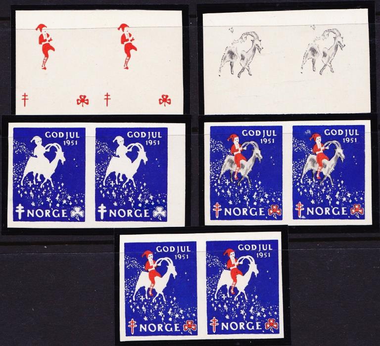 NORWAY 1951 Christmas Seal - 5 progressive proof pairs - Mint Never Hinged