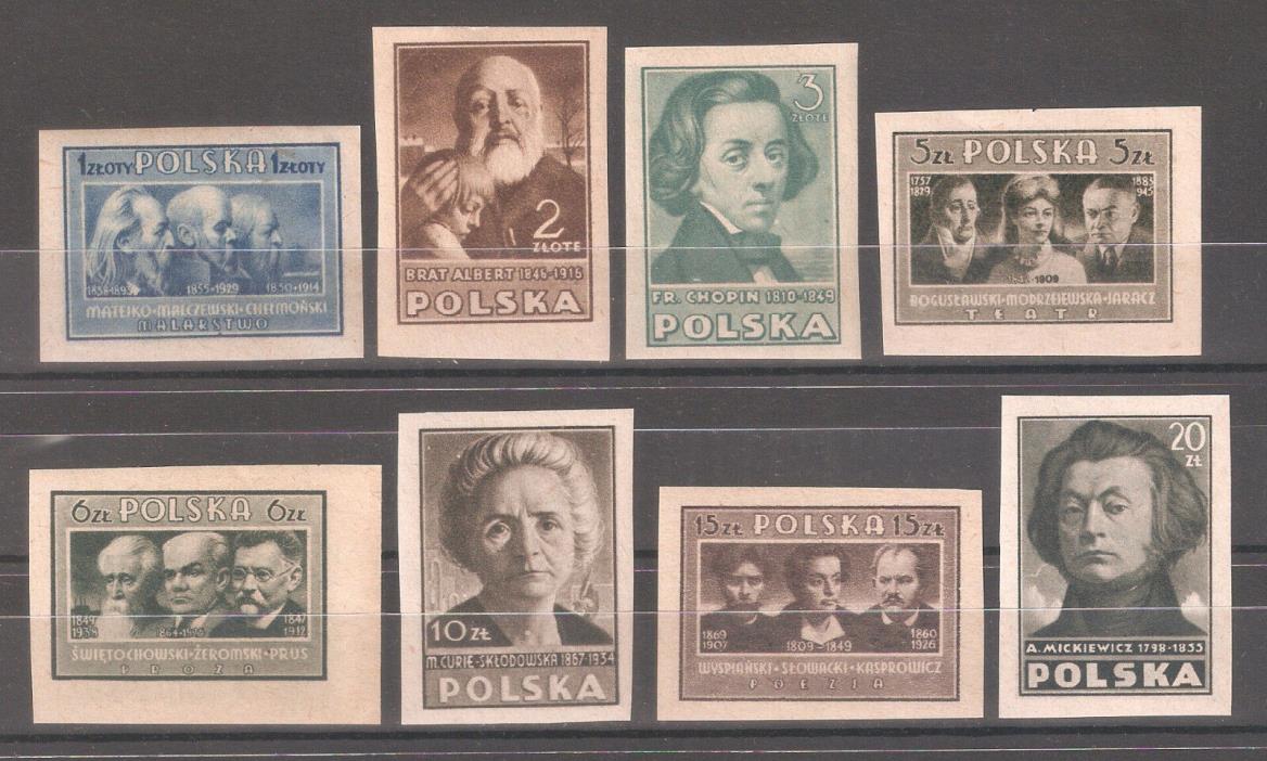 Poland 1947,Famous Polish People,Portrait Types Imperf,Sc 403A-403H,VF MNH**OG