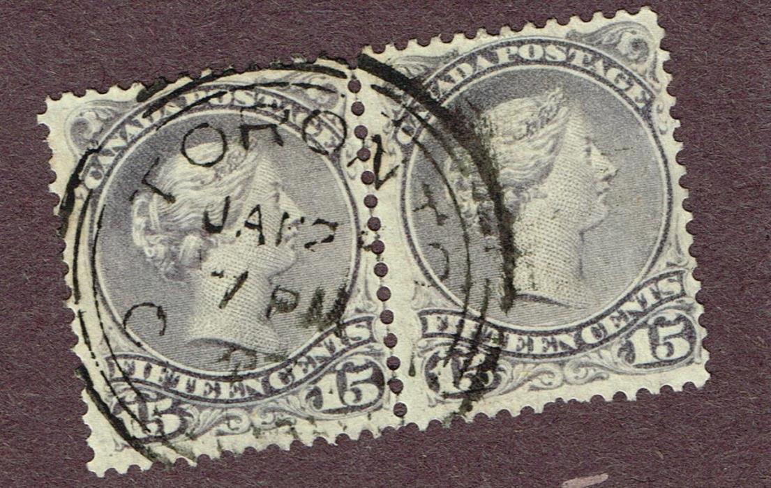 CANADA LARGE QUEEN #29 F-VF  PAIR SON CANCEL (OCT4,4