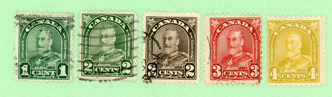 Canada 5 stamps, Sc 163 - 164, 166 - 168, KGV Arch Issue, 1930, 168 MPH, +4 used