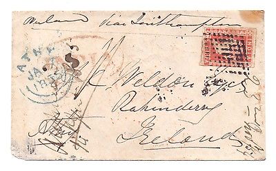 INDIA 1854 VICTORIA 1 ANNA IMPERF LITHO  ON COVER OVERLAND MAIL TO IRELAND