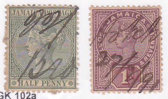 Jamaica, Lot of 2 Old Used Hinged Queen Victoria Stamps, Pen Ink Cancels, C43