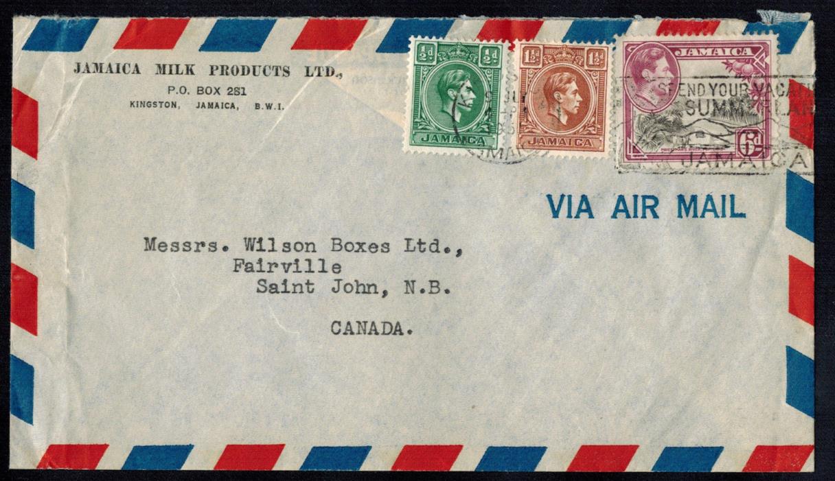 A-1106**JAMAICA  c1951 AIR MAIL COMMERCIAL COVER **KINGSTON TO ST. JOHN, CANADA