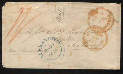 VERY RARE 1856 EGYPT to IRELAND Early Stampless Cover-2 Rare Alexandria Cancels