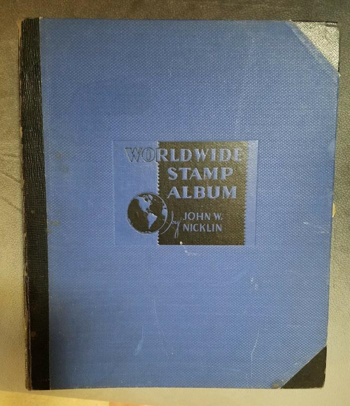 Worldwide Stamp Album by John W. Nicklin from 1935 with 383 World Stamps Vintage