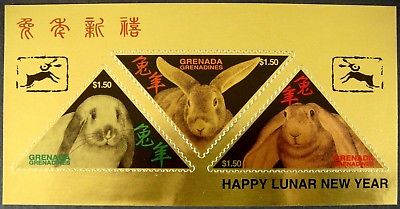 1999 MNH GRENADA YEAR OF THE RABBIT GOLD TRIANGLE STAMPS SHEET LUNAR NEW YEAR