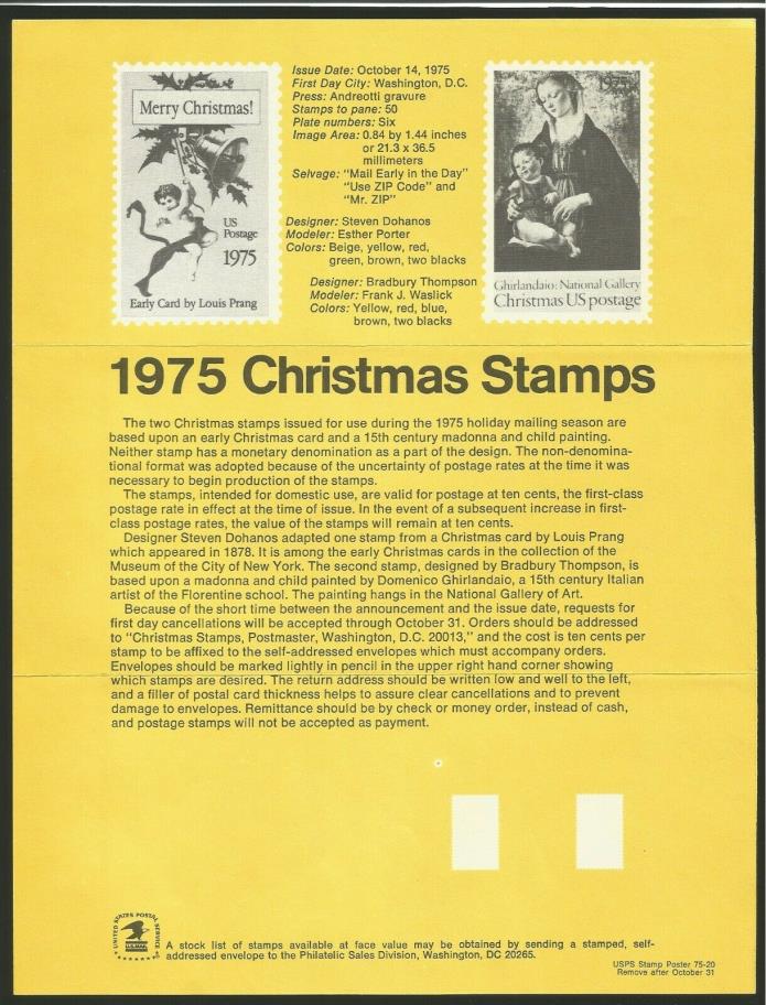 USA Stamp Poster #1579-1580 1975 Christmas Set USPS Souvenir Page