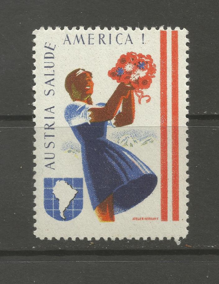 Austria Greets America poster stamp/label (Spanish text)