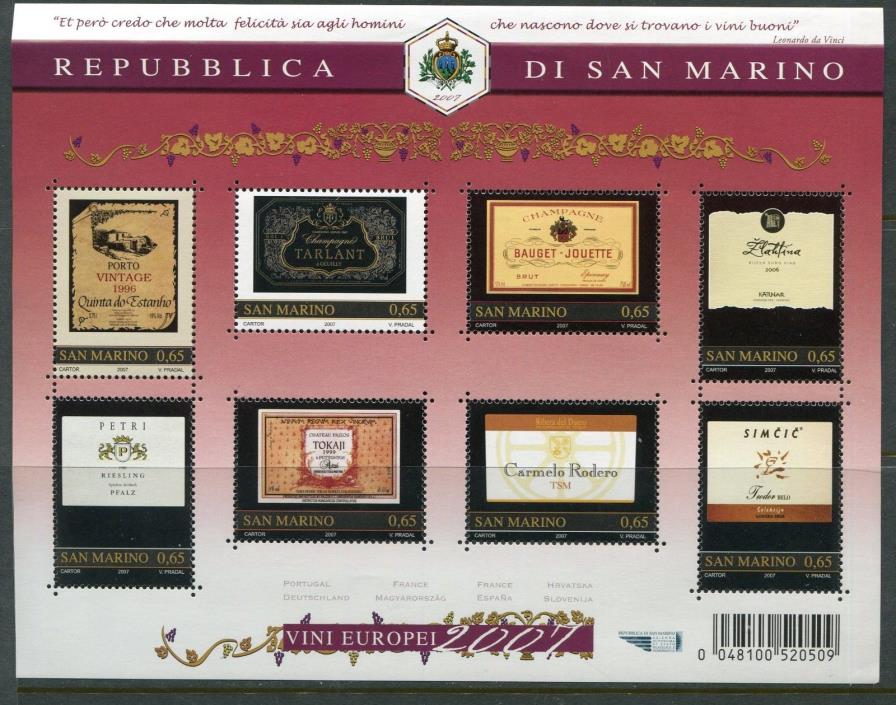San Marino 2007 Scott 1736 European Wine Champagne Labels Sheet - NH