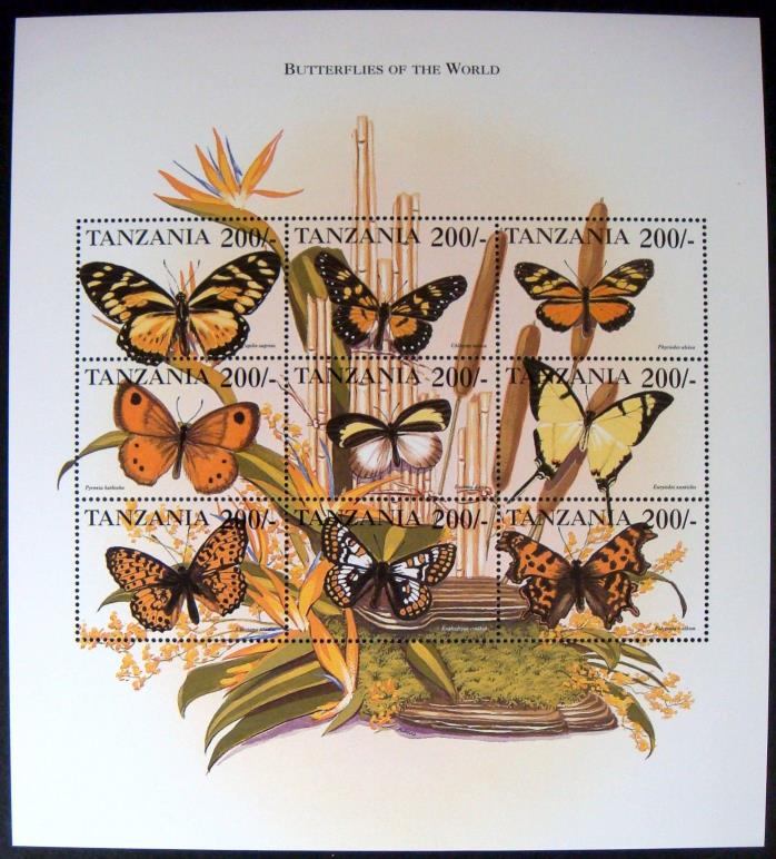TANZANIA BUTTERFLY STAMPS SHEET MNH 99' BUTTERFLIES OF THE WORLD MOTH INSECT BUG