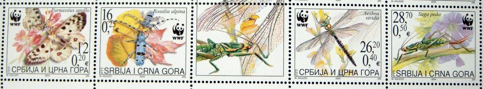 2004 MNH SERBIA WWF INSECT STAMPS STRIP OF 5 INCLUDES LABEL DRAGONFLY BUTTERFLY