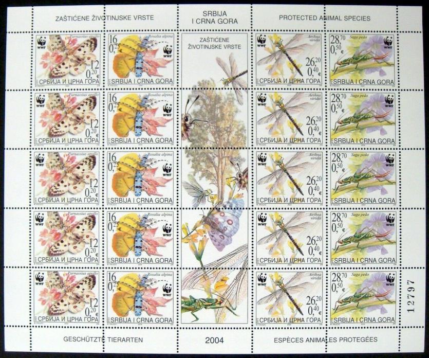 2004 MNH SERBIA WWF INSECT STAMPS SHEET OF 20 WITH LABEL DRAGONFLY BUTTERFLY