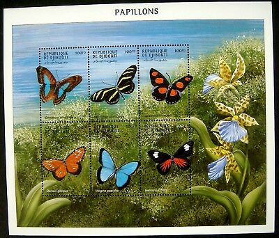 2000 DJIBOUTI BUTTERFLY STAMPS SHEET 6 BUTTERFLIES INSECT MOTH FLOWERS SEALIFE