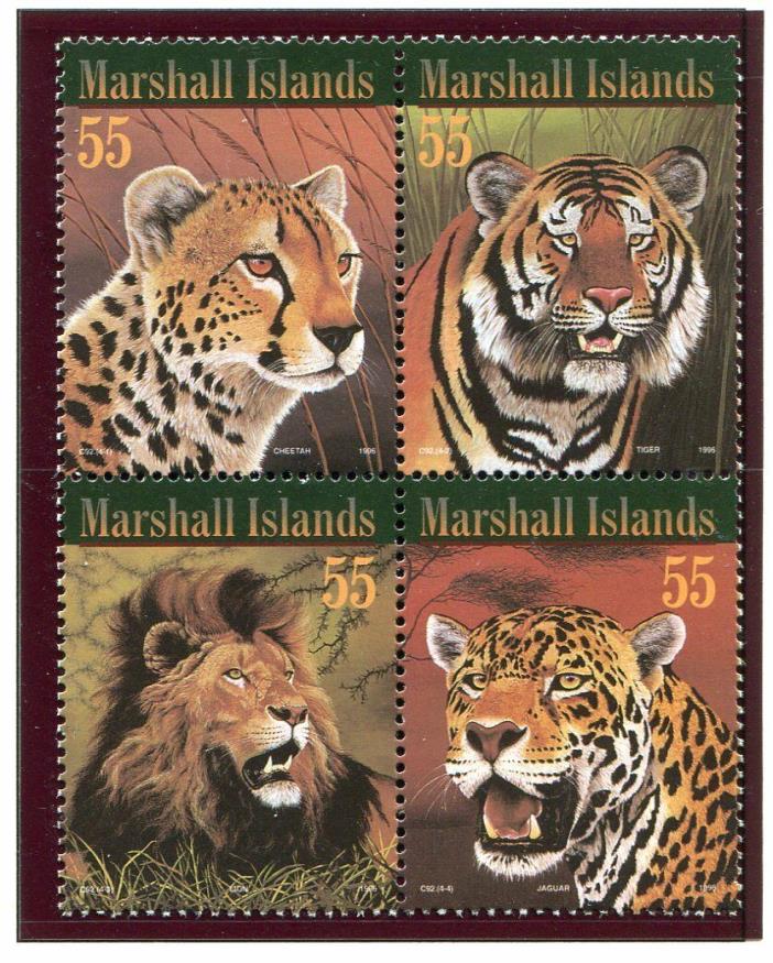 Marshall Islands, Scott 604, Lion, Tiger, Jaguar, Cheetah, 1996, NH
