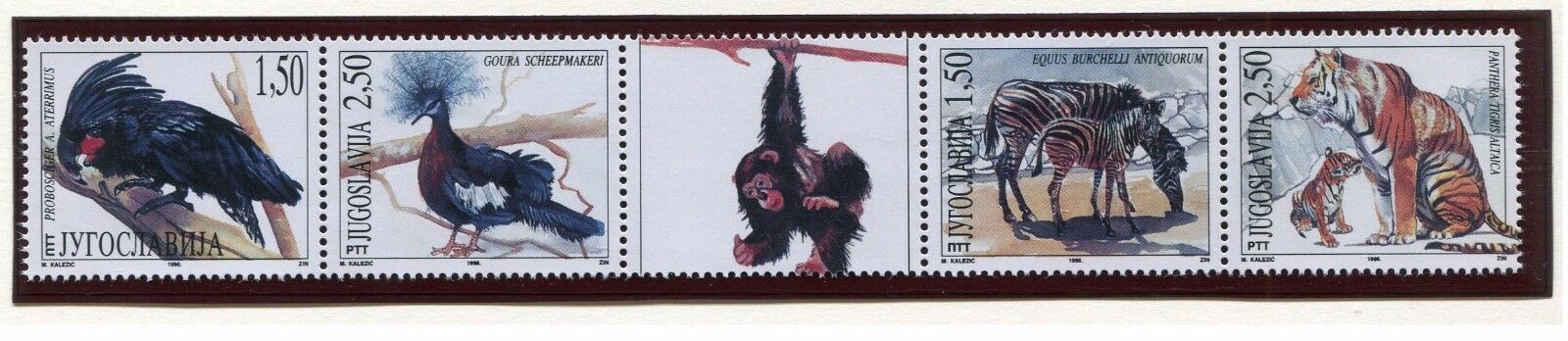 Yugoslavia Bird Monkey Zebra Tiger Scott 2346 Strip with Label 1996, NH