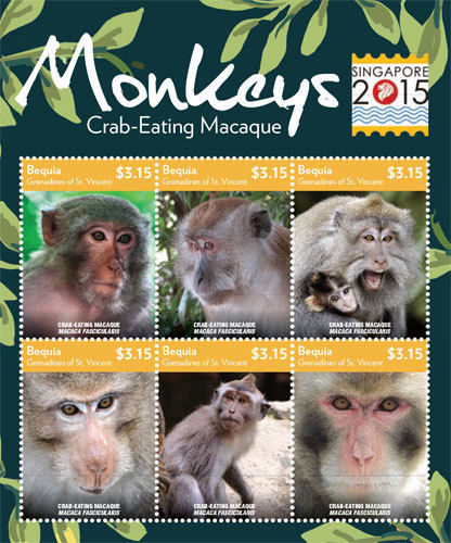 BEQUIA 2015 - SINGAPORE STAMP EXPO: MONKEYS - SHEET OF 6 STAMPS MNH