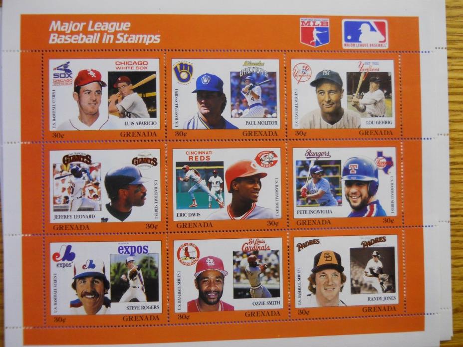 MAJOR LEAGUE BASEBALL IN STAMPS , GEHRIG,OZZIE,APRICIO, MOLITOR,