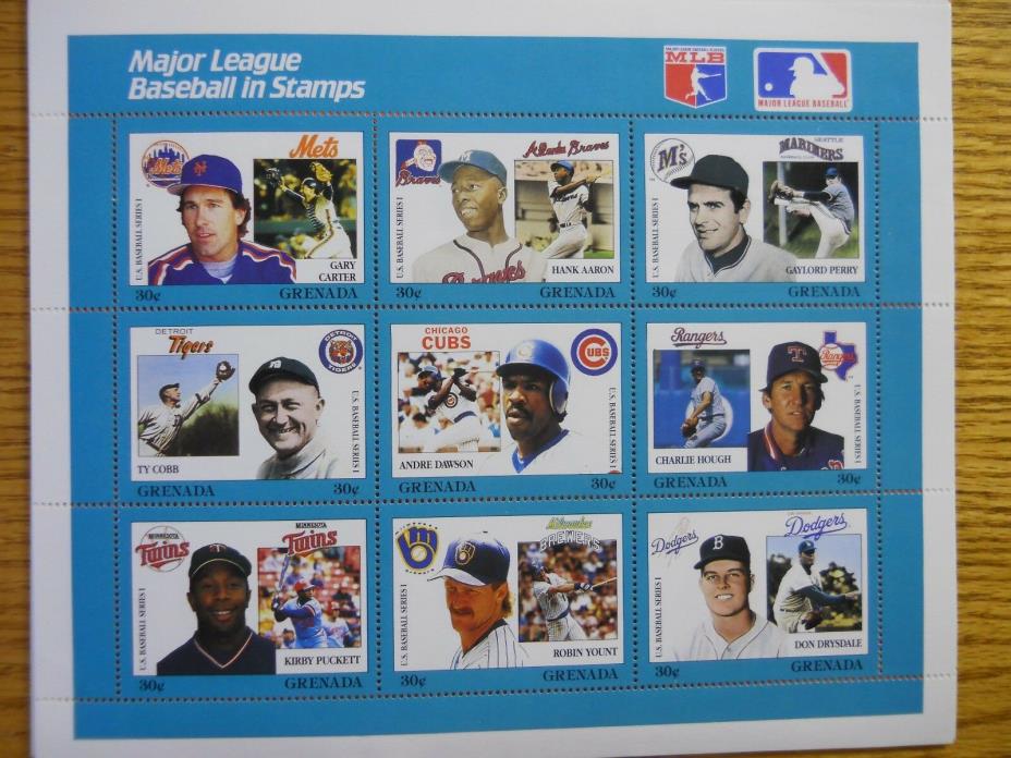 MAJOR LEAGUE BASEBALL IN STAMPS ,  ARRON,YOUNT,DRYSDALE,PERRY,COBB,DAWSON,