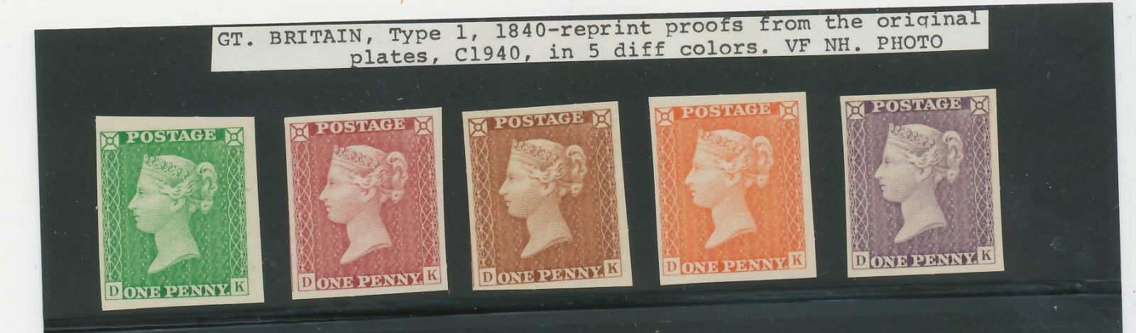A1 - GREAT BRITAIN TYPE 1 1840 REPRINT PROOFS FROM THE ORIGINAL PLATES, 5 DIFF