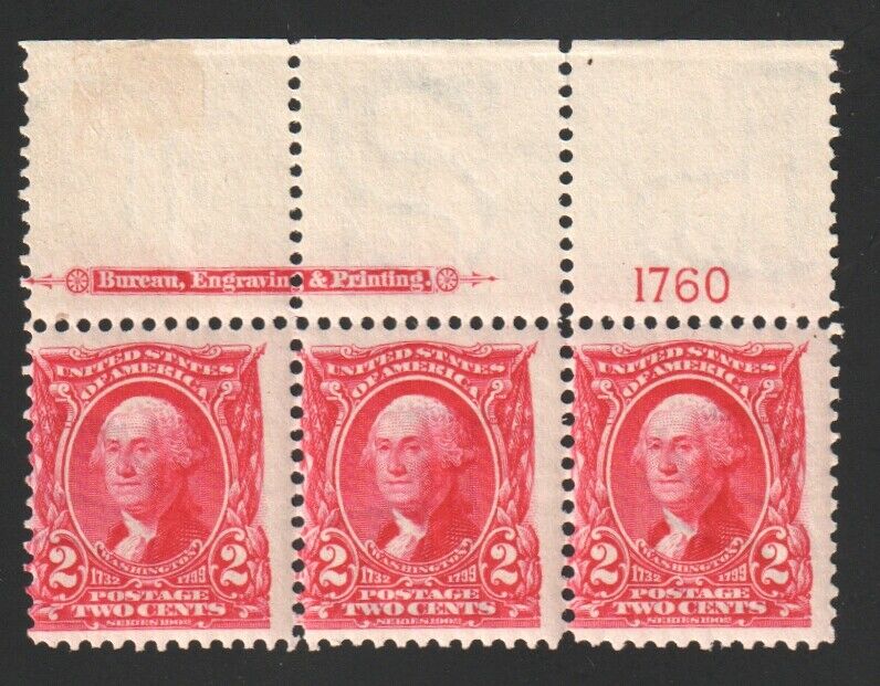 US Scott #301 1903 2c Carmine Plate Strip of Three - Mint OG