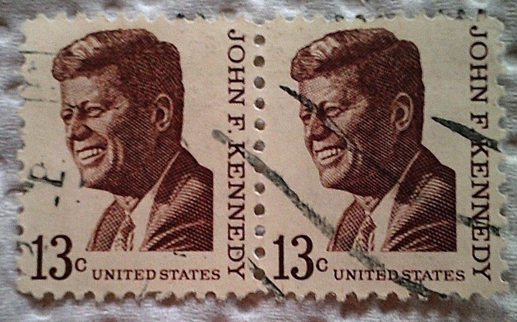 1967 Scott 1287 John F. Kennedy two used and cancelled 13 cent stamps off paper