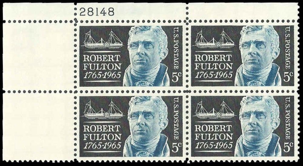 US #1270 PB 20c(4x5c)Robert Fulton, 1965, MNH, (PCB-1)