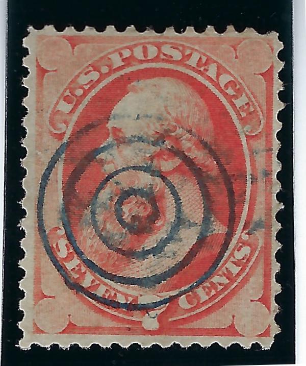 1870-71 U.S. Scott 149 7c vermilion Stanton 4-ring blue target cxl; poss re-perf