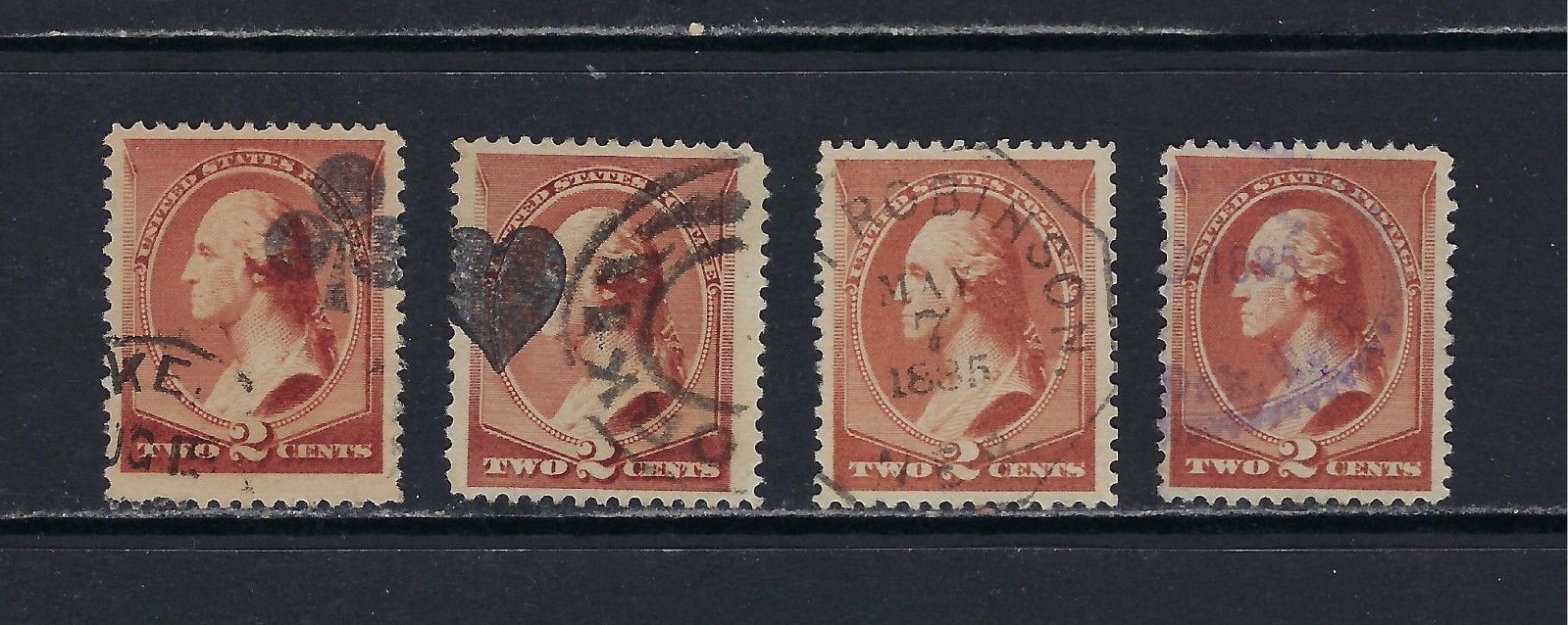 1883 U.S. Scott 210 (x4) 2c red brown Washington w/4 different desirable cancels