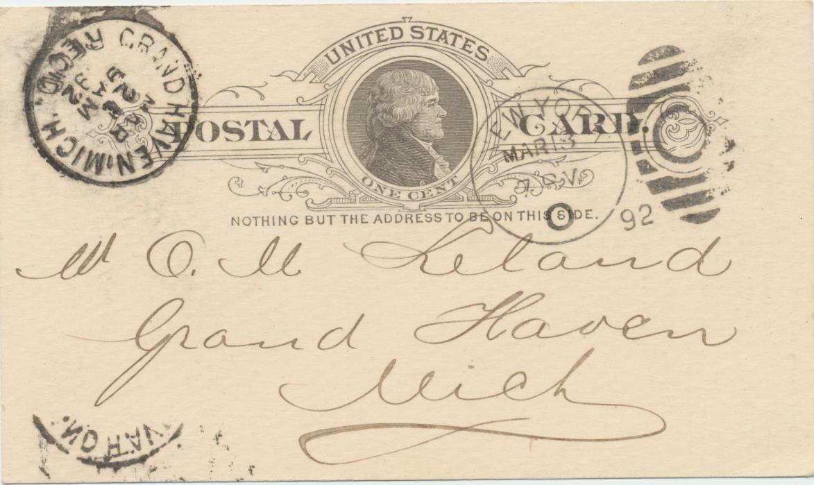 RARE 1892 Scott Stamp & Coin Co NY City to Grand Haven MI Postal Card Leland