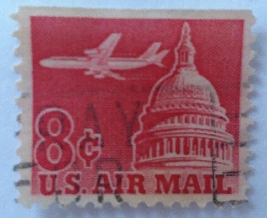 Stamp US  1962 8 Cent Carmine Red Air Mail Jet Airliner Over Capital Stamp Used