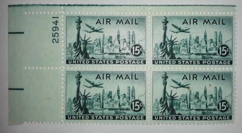 Travelstamps: 1947 US Scott # C35 - Block of 4 AIRMAIL stamps, mnh, mint, og