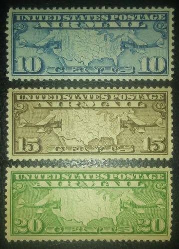 TRAVELSTAMPS: 1926-30 US Stamps Scott #s C7-C9 Map of U.S. and Airplane, mnh og
