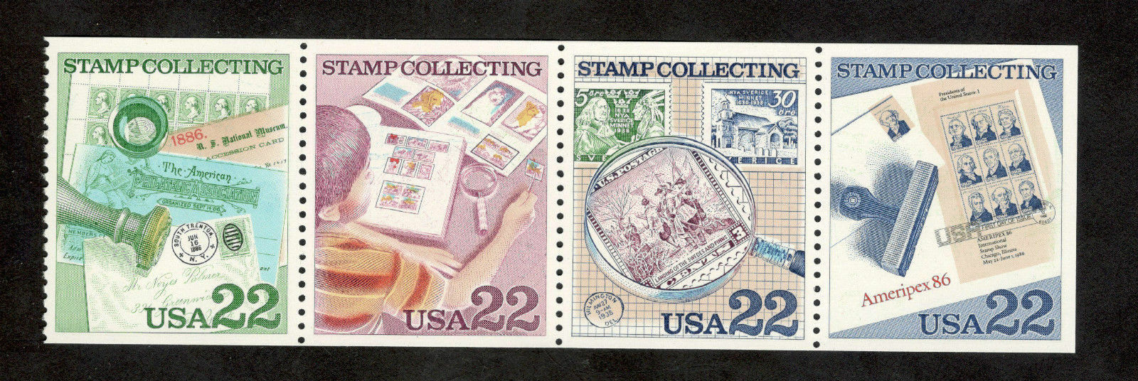 U.S. Scott # 2198-2201 Stamp Collecting Ameripex 86 Booklet Pane of 4 MNHOG 1986