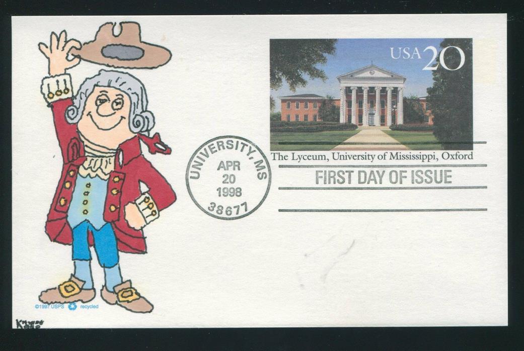 #UX290 Univ of Mississippi Postal Card FDC Kribbs Hand Painted Cachet  FD6563