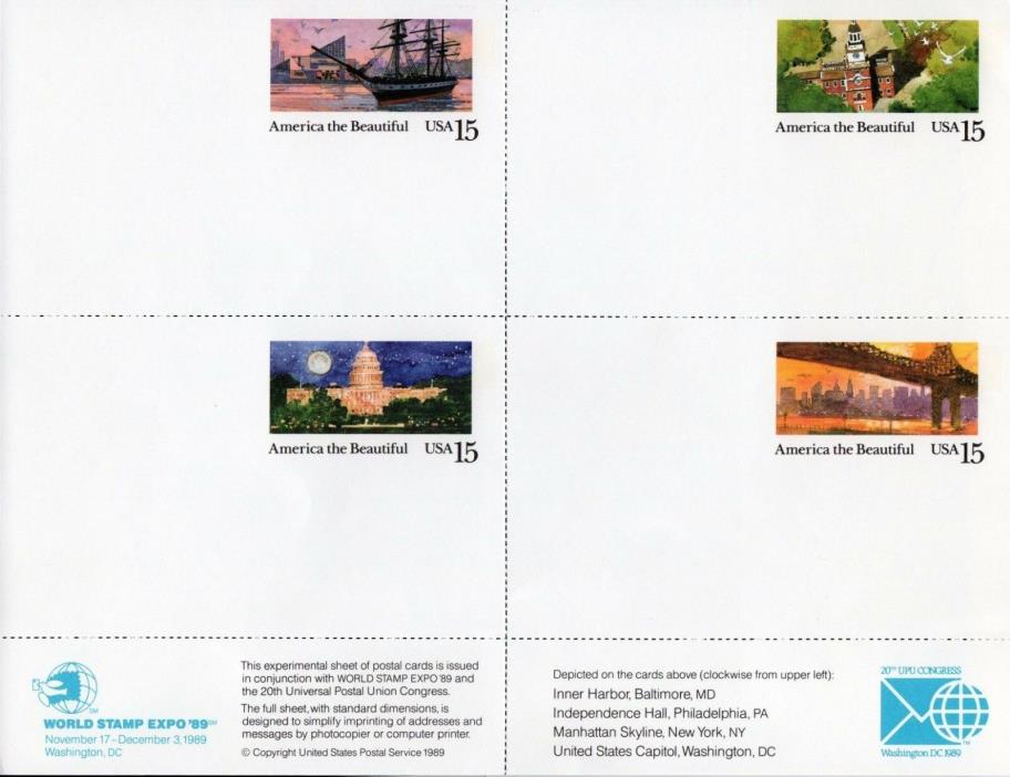 US Scott #UX139-UX142 Mint Postal Card Sheet of 4 American the Beautiful, 1989