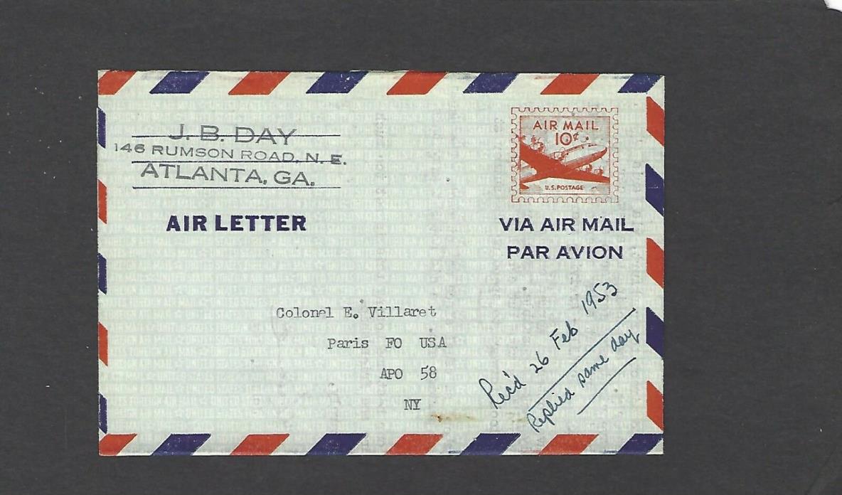 U16a 1953 AIR LETTER TO PARIS,FRANCE FROM ATLANTA,GA