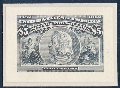 USA SUPERB $5.00 SMALL DIE ON WHITE WOVE PAPER COLUMBUS