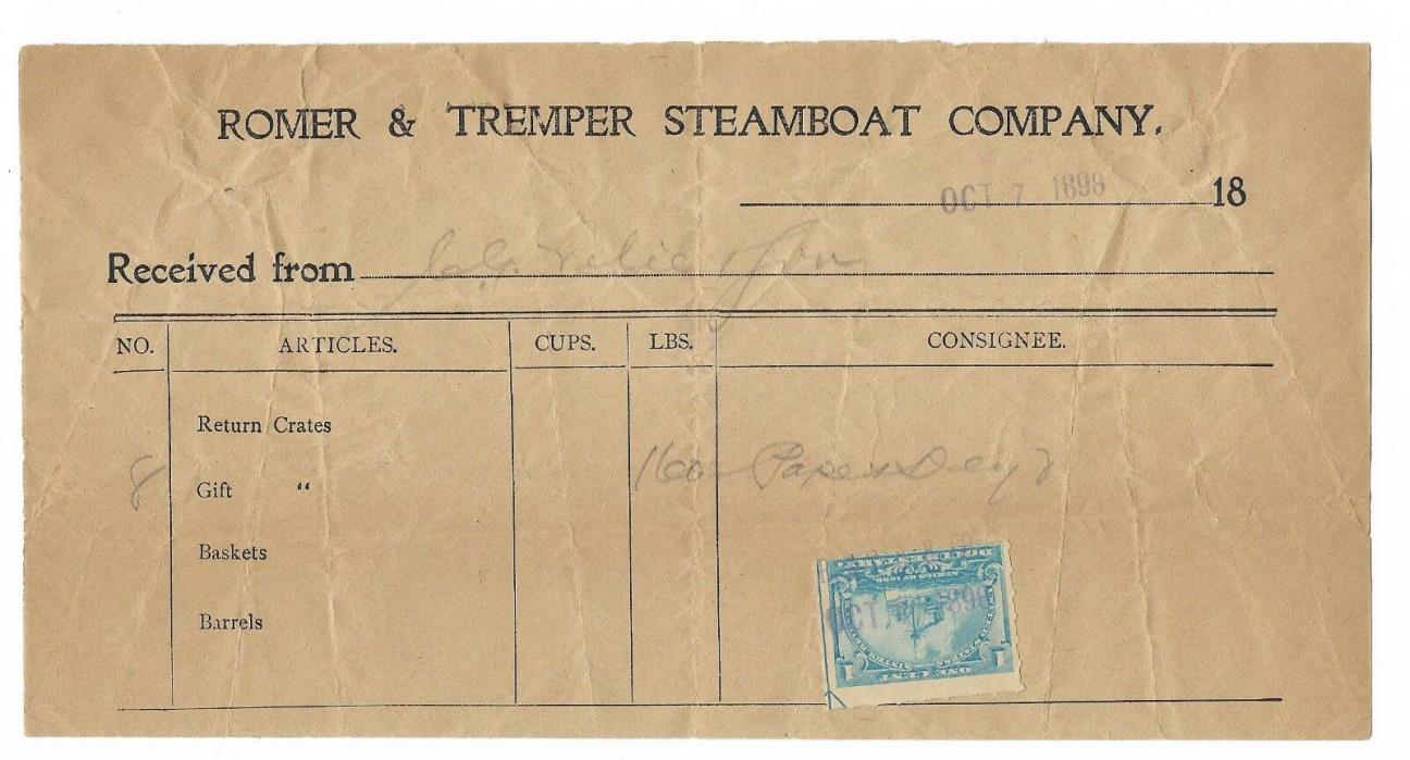 Romer & Tremper Steamboat Company Receipt - 1898