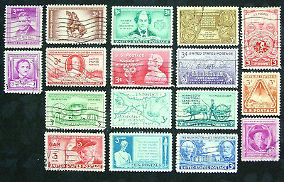 United States, 1947-50, Commemoratives, Scott 970-86, 17 Stamps, 3 Cent, Used