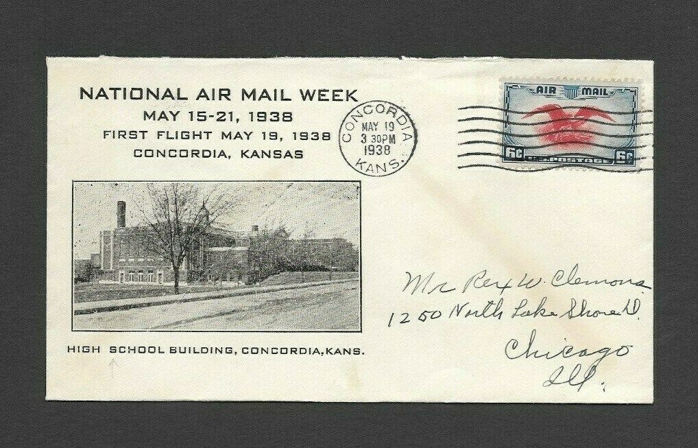 U.S. 1938 NATIONAL AIR MAIL WEEK COVER, CONCORDIA, KANSAS, HIGH SCHOOL CACHET