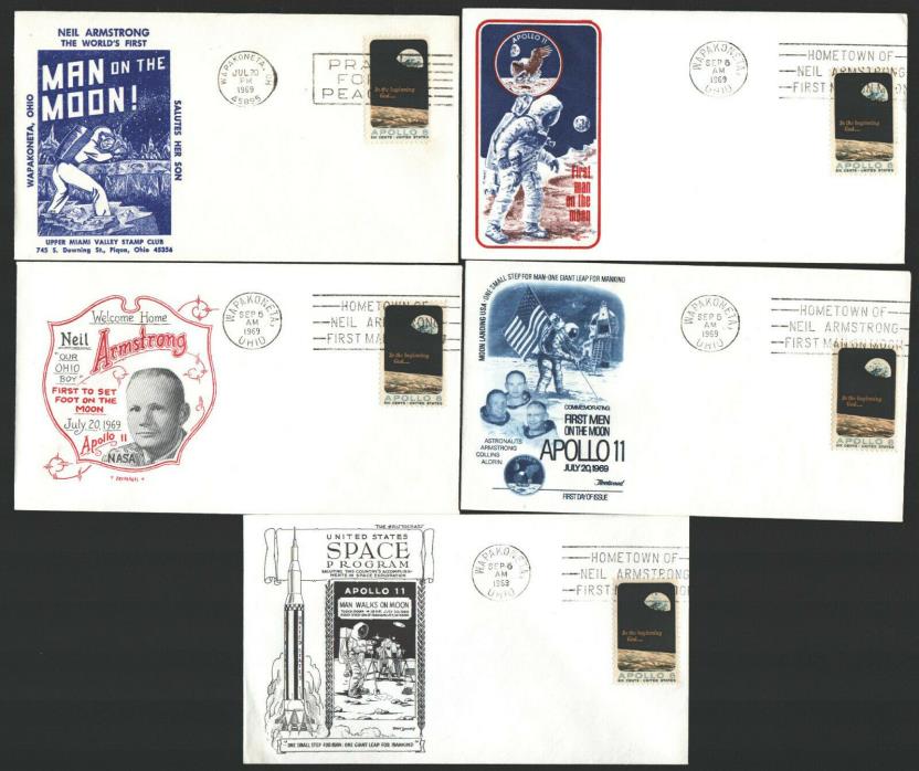Lot of 5 1969 Apollo 11 Neil Armstrong Homecoming Covers Wapakoneta OH FD6724
