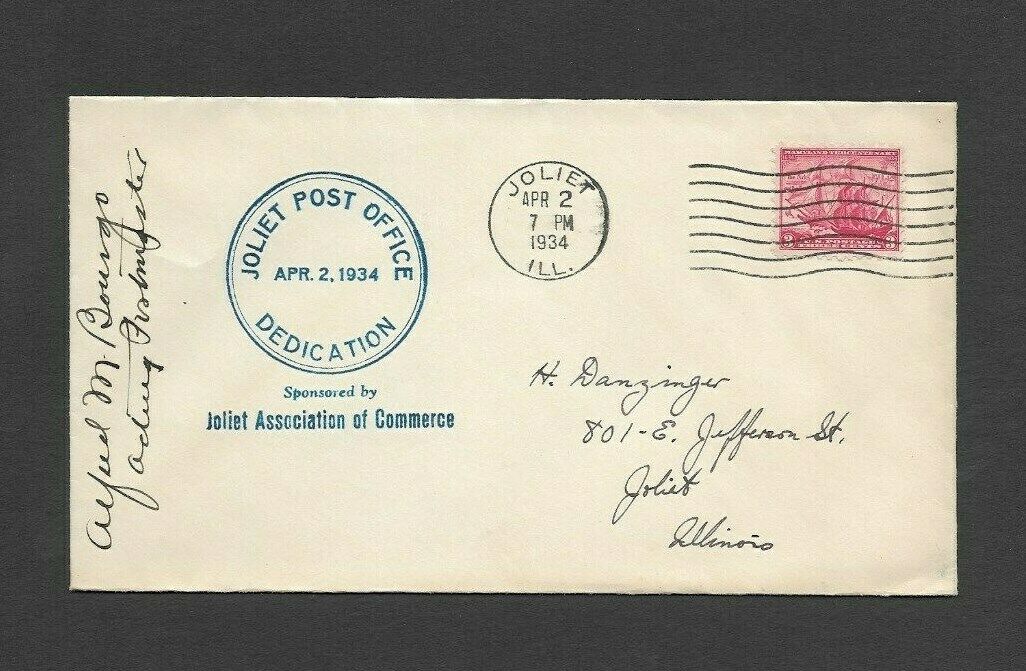 U.S. 1934 JOLIET, ILLINOIS POST OFFICE DEDICATION COVER, SIGNED BY ACTING PM