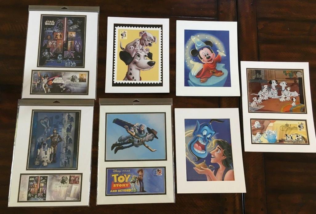 USPS Covers & Prints Lot of 7: DISNEY, PIXAR, STAR WARS 1st DAY ISSUE MATTED