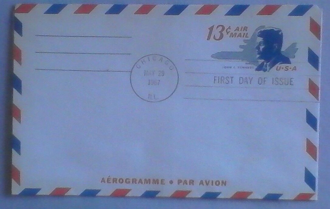 First day of issue, 1967 John F. Kennedy, aerogramme Scott # UC 39