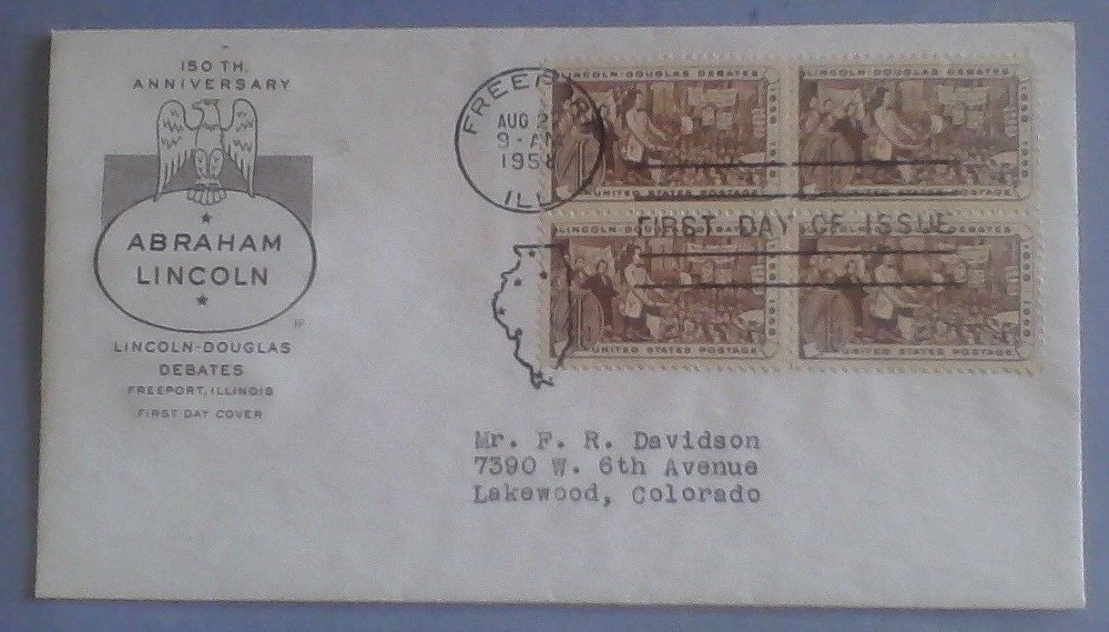 First day of issue, 1958 Lincoln-Douglas Debates, block 4, Scott # 1115