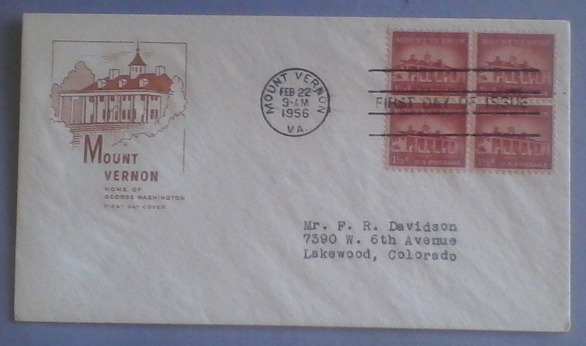 First day of issue, 1956 Mount Vernon, block 4, Scott # 1032