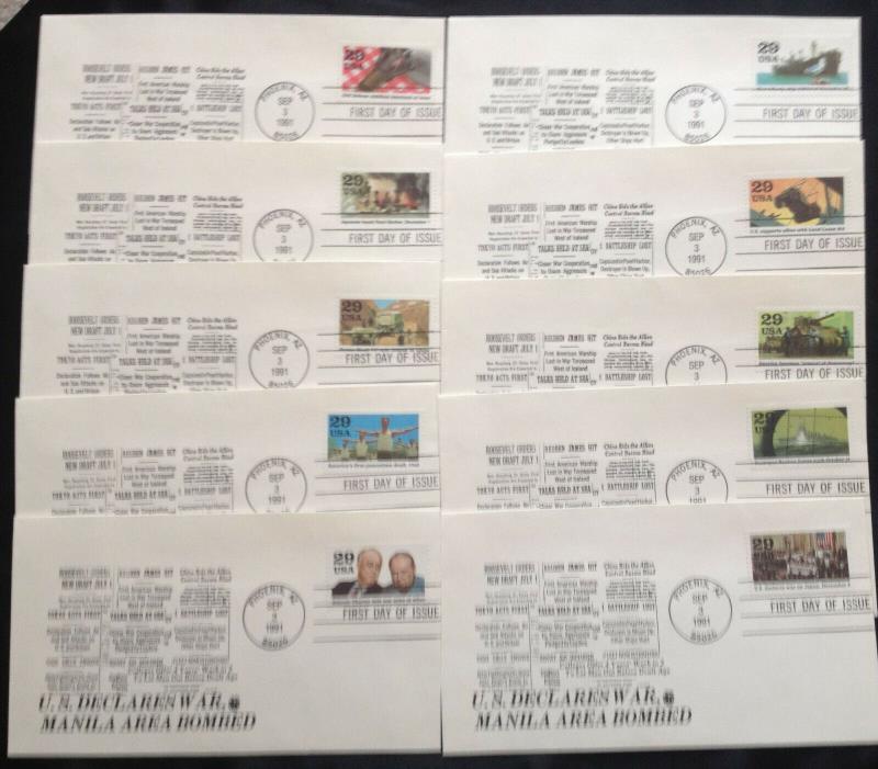 USA first day covers Complete Set of 10 depicting WW2 excellent condition